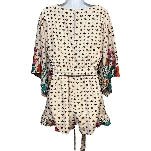 L’ATISTE by Amy Polka Dot Floral Ruffle Romper Sash Belt V-Neck Long Puff Sleeve - Picture 2 of 6